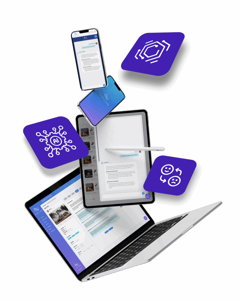 a laptop and tablet with different devices flying